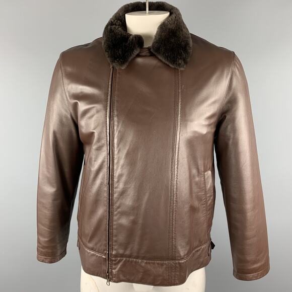 L Brown Leather Beaver Lining Detachable Fur Collar Asymmetrical Jacket - Picture 1 of 1